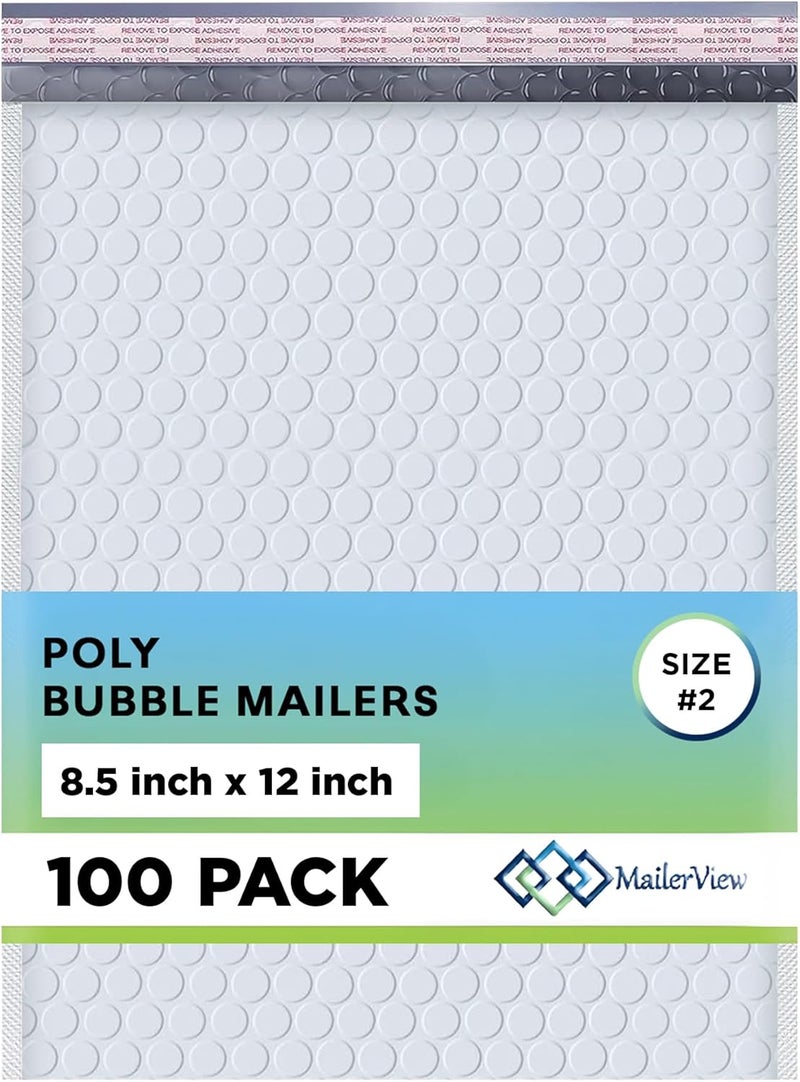 MAILERVIEW White Poly Bubble Mailers 8.5x12 inch #2 | Self Seal Padded Envelopes | Cushioned Bubble Mailer | Usable Size 8.5x11 | WaterProof | Lightweight mailing Shipping Bags | US Made | 100 Pack Bulk - Image 1